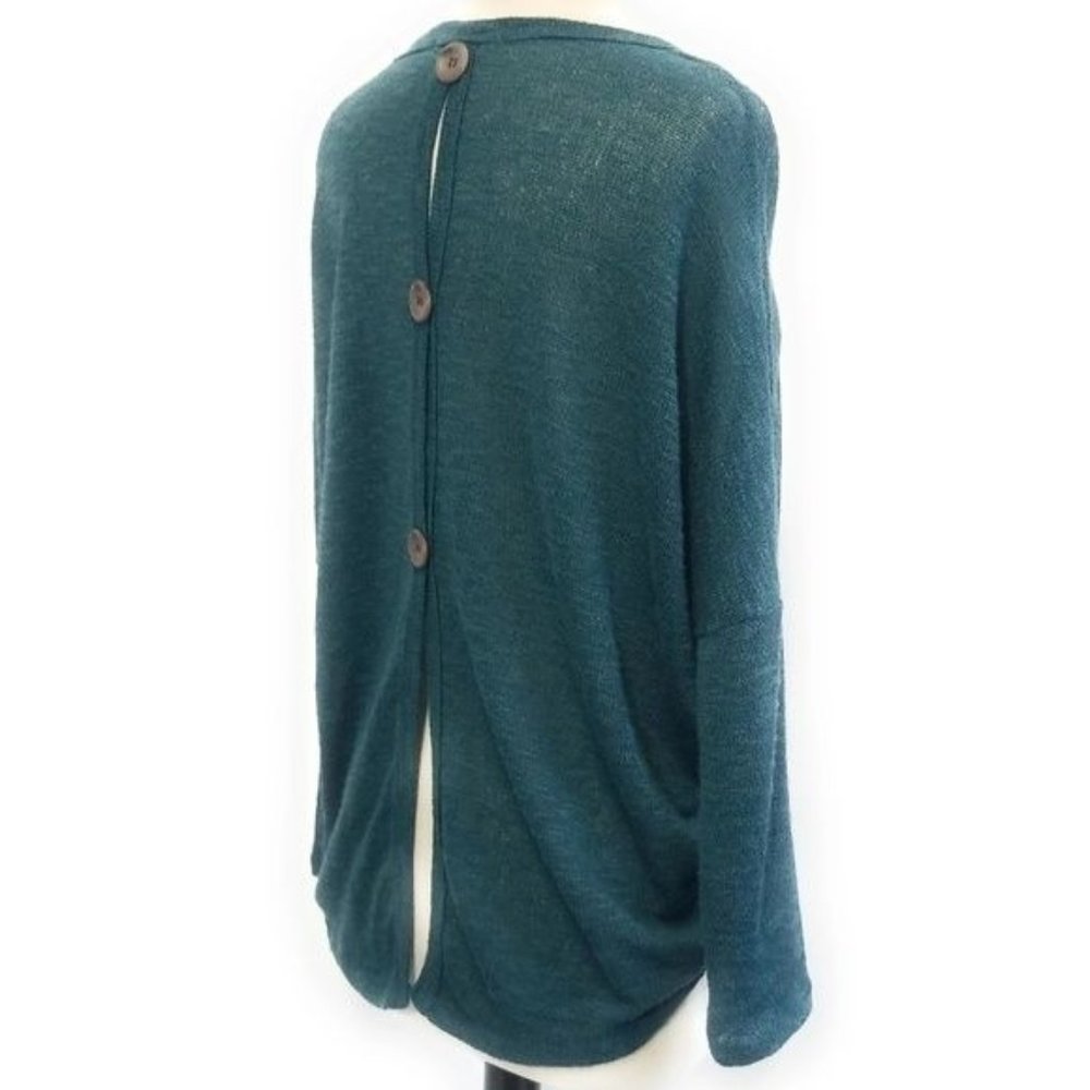 Living Doll Los Angeles Teal Green Open Knit Button Back Lightweight Sweater Wom